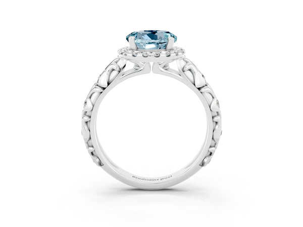 Silver Round Cut Aquamarine Halo Ring with Filigree Band and Prong Setting