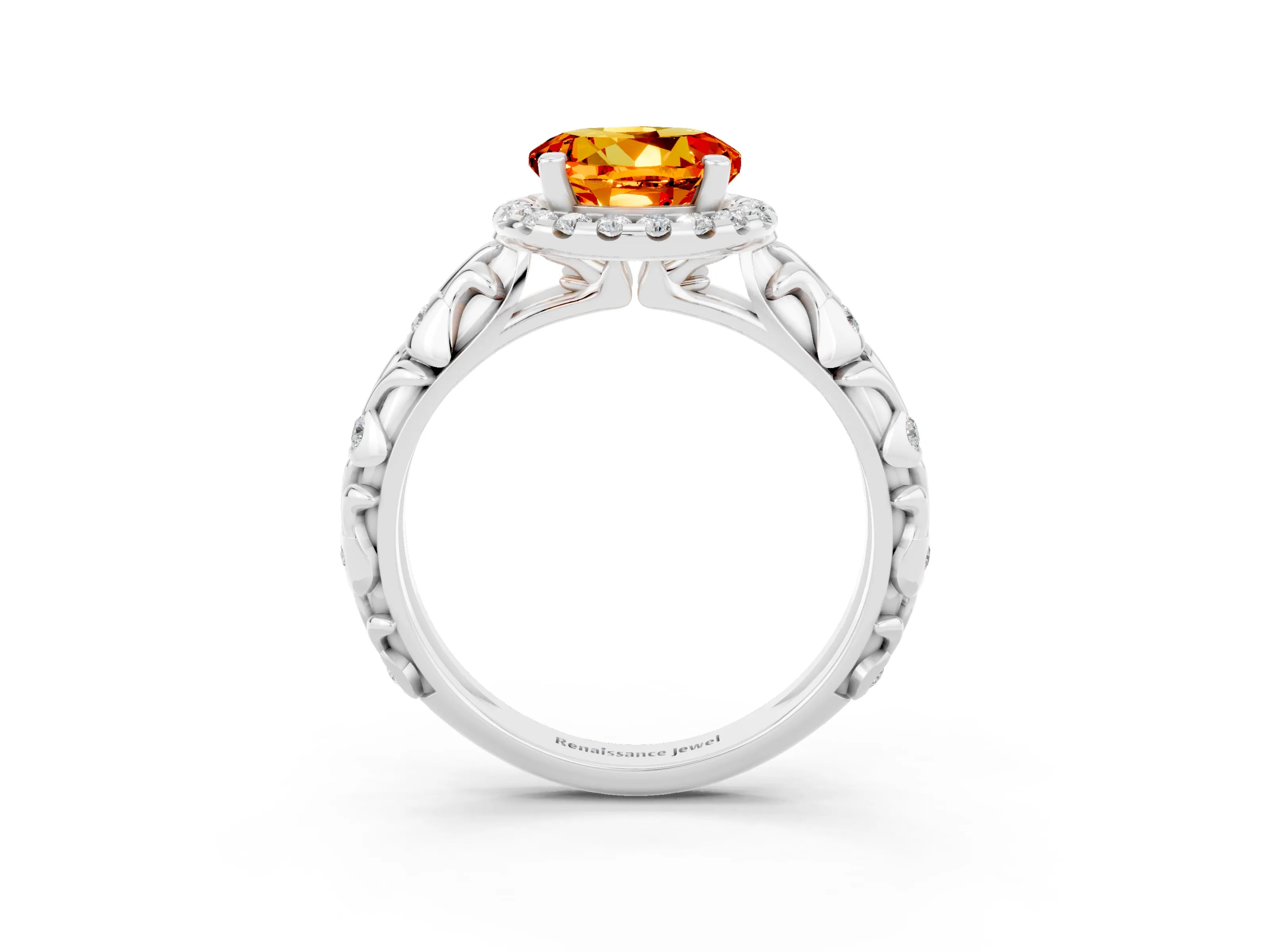 White gold Round Cut Halo Diamond Solitaire with Filigree Band and Four-Prong Setting_3