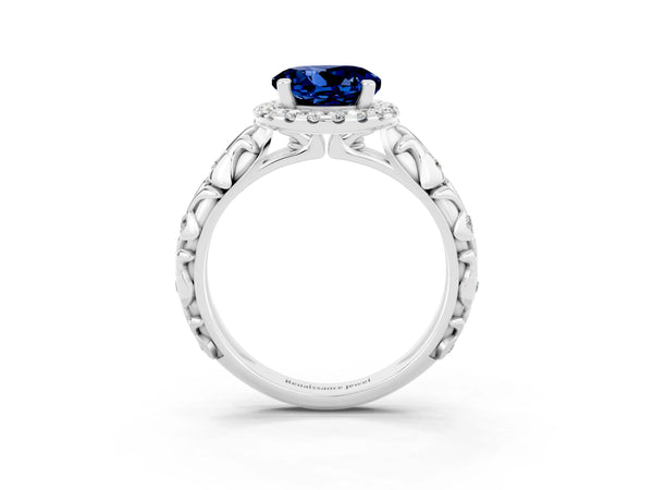 White gold Round Cut Blue Sapphire Halo Ring with Filigree Band and Prong Setting