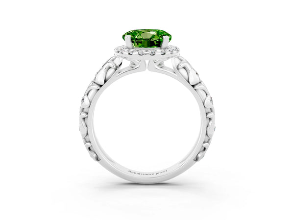 Silver Round Cut Peridot Halo Ring with Filigree Band and Prong Setting