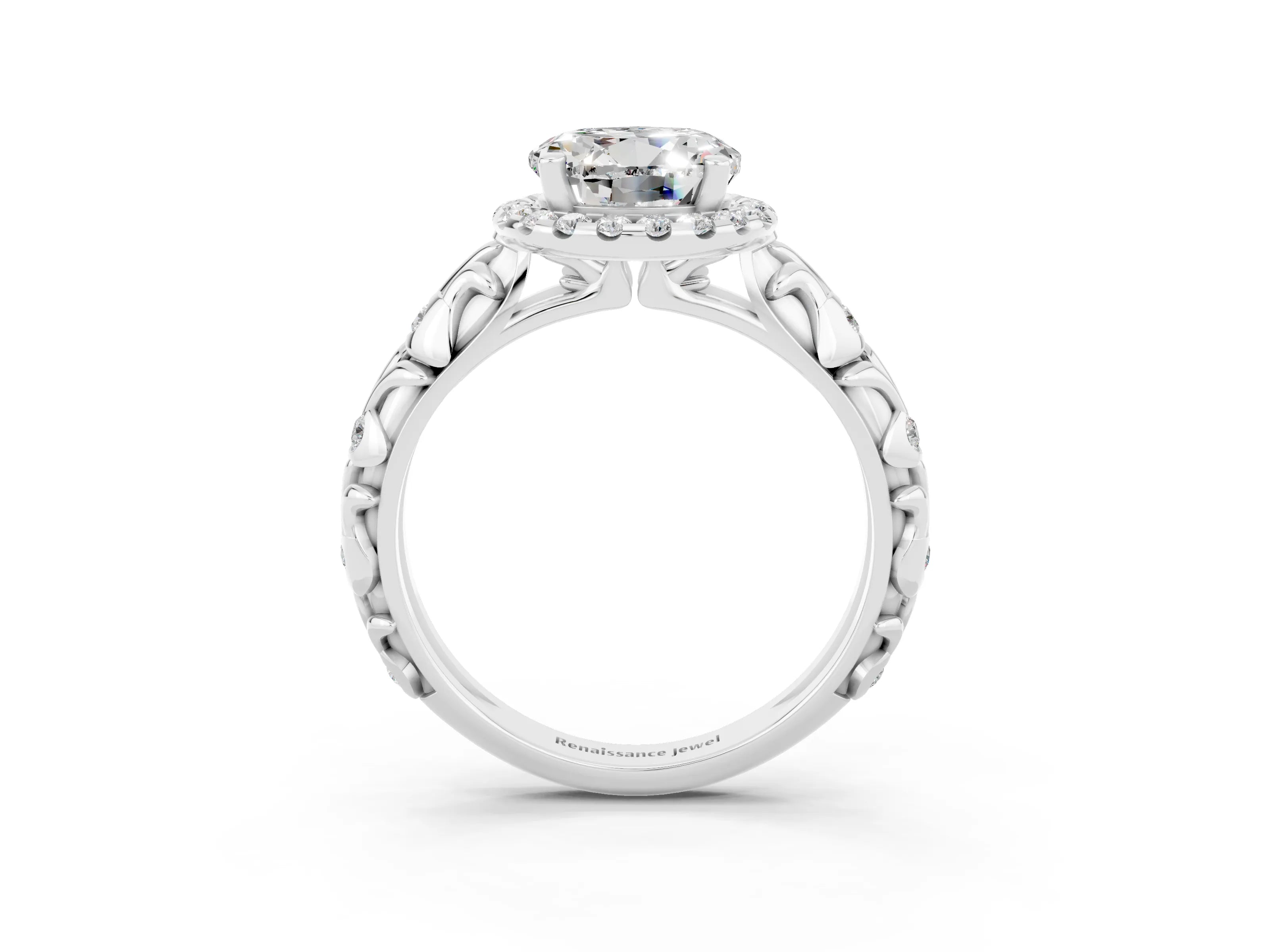 White gold Round Cut Halo Diamond Solitaire with Filigree Band and Four-Prong Setting_3