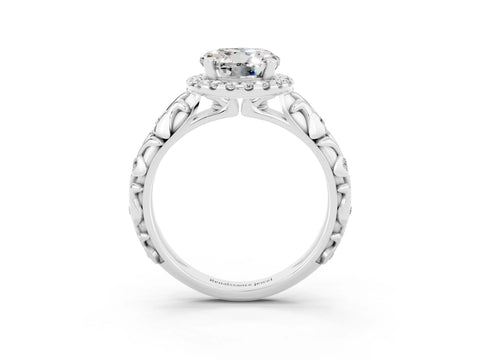 White gold Round Cut Halo Diamond Solitaire with Filigree Band and Four-Prong Setting_3