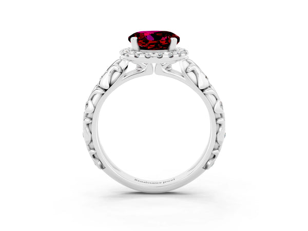 Silver Round Cut Garnet Halo Ring with Filigree Band and Prong Setting
