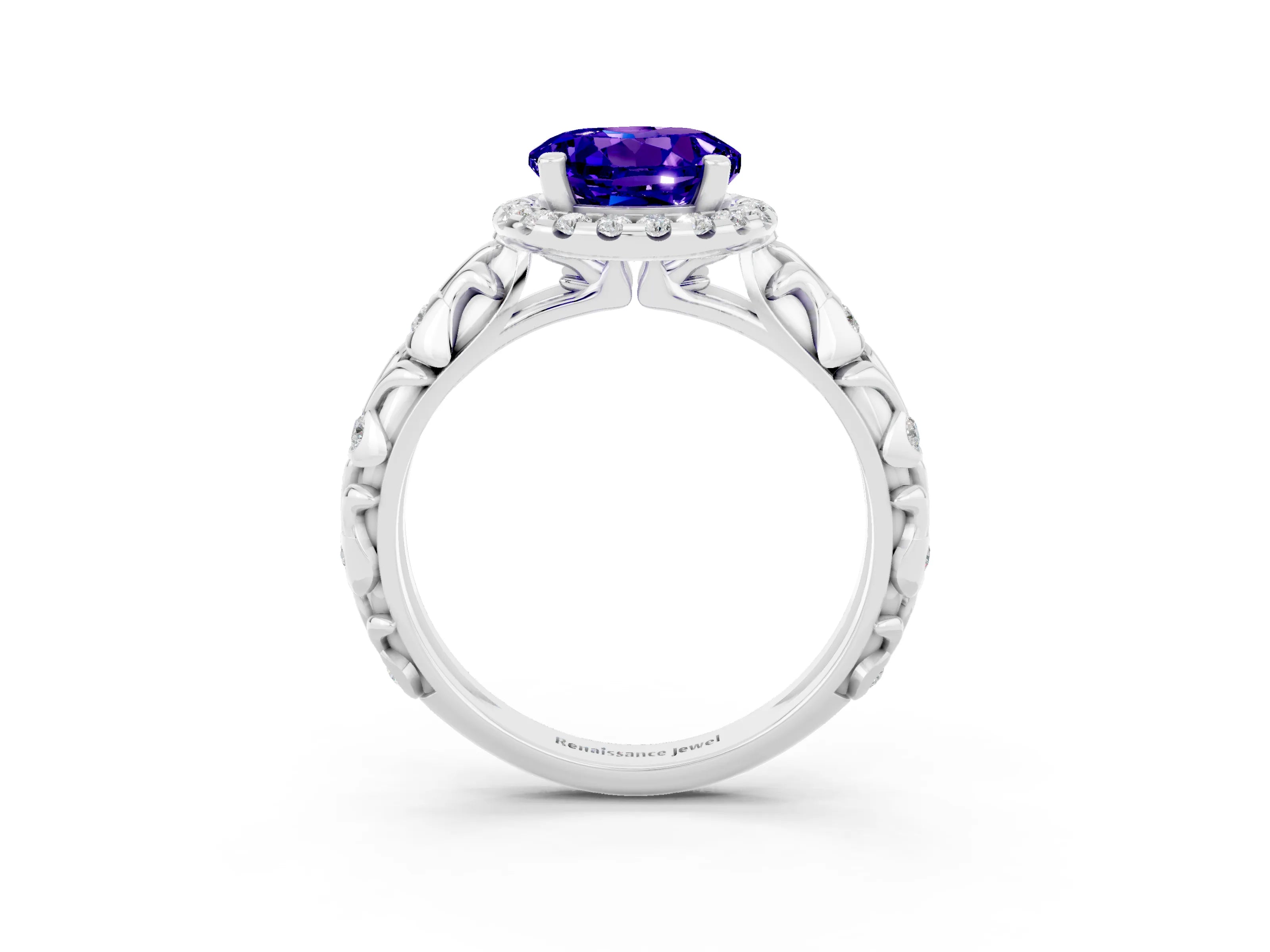 White gold Round Cut Halo Diamond Solitaire with Filigree Band and Four-Prong Setting_3