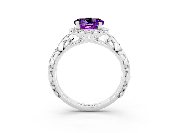 White gold Round Cut Amethyst Halo Ring with Filigree Band and Prong Setting
