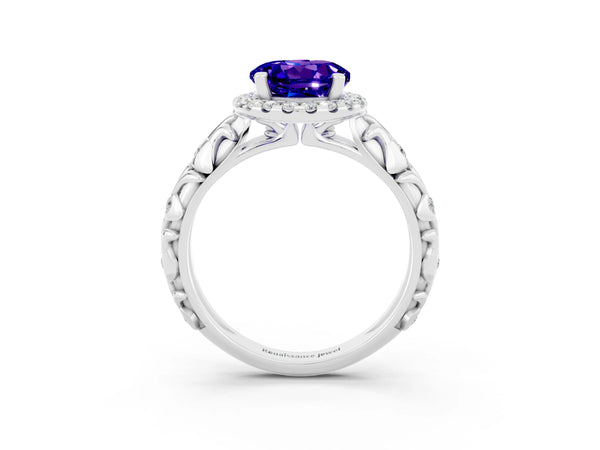 Silver Round Cut Tanzanite Halo Ring with Filigree Band and Prong Setting
