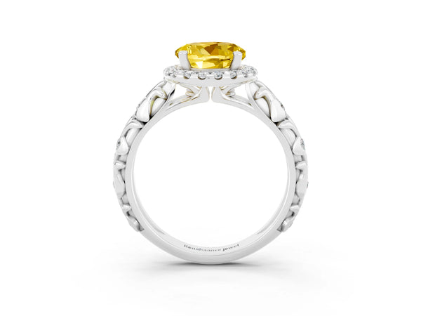 Silver Round Cut Yellow Sapphire Halo Ring with Filigree Band and Prong Setting