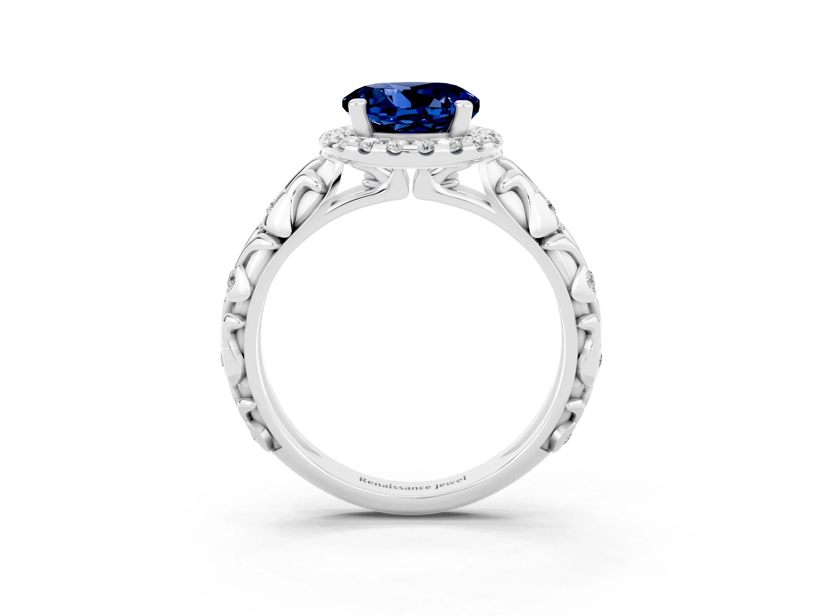 White gold Round Cut Halo Diamond Solitaire with Filigree Band and Four-Prong Setting_3