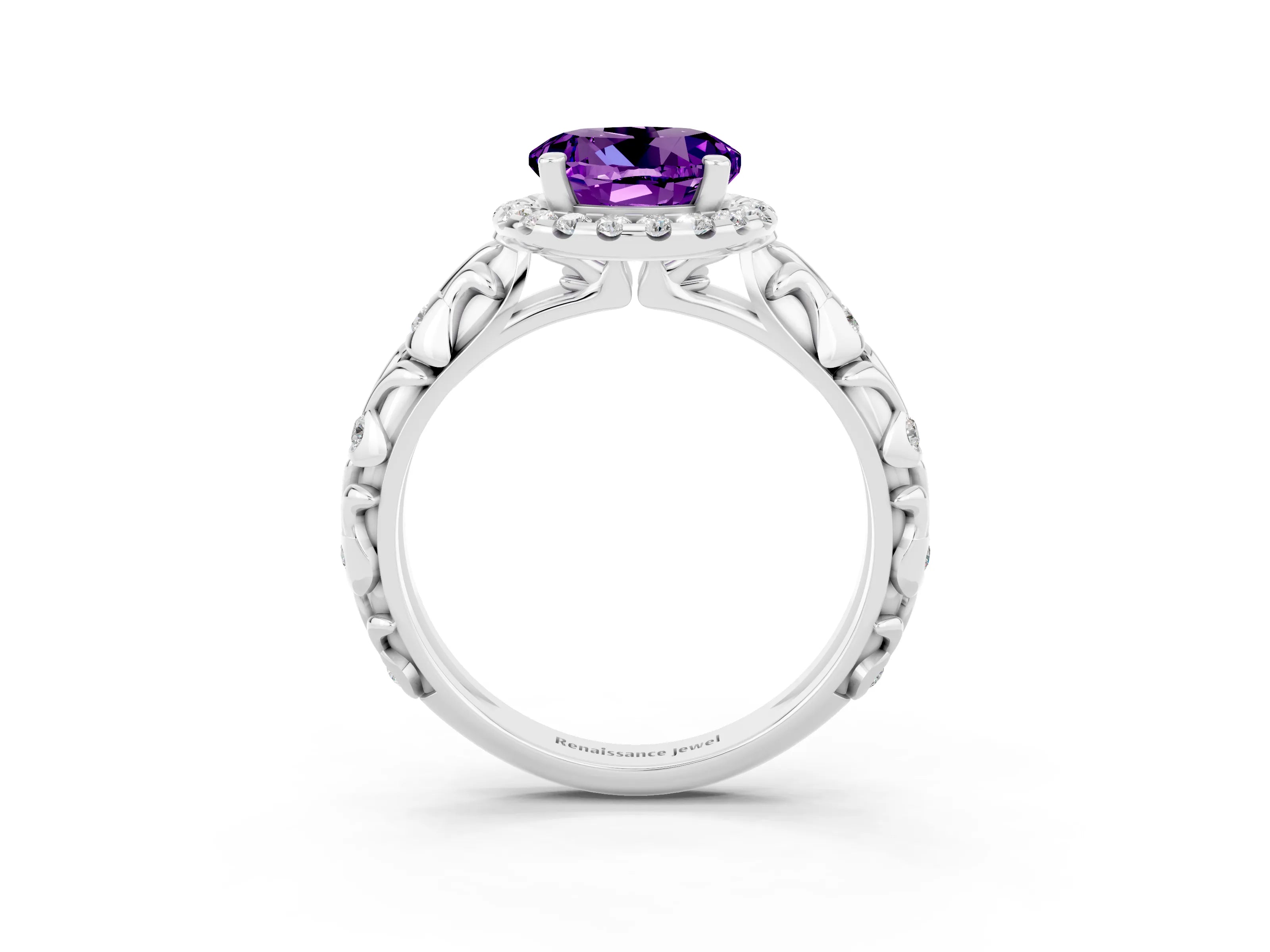 White gold Round Cut Halo Diamond Solitaire with Filigree Band and Four-Prong Setting_3