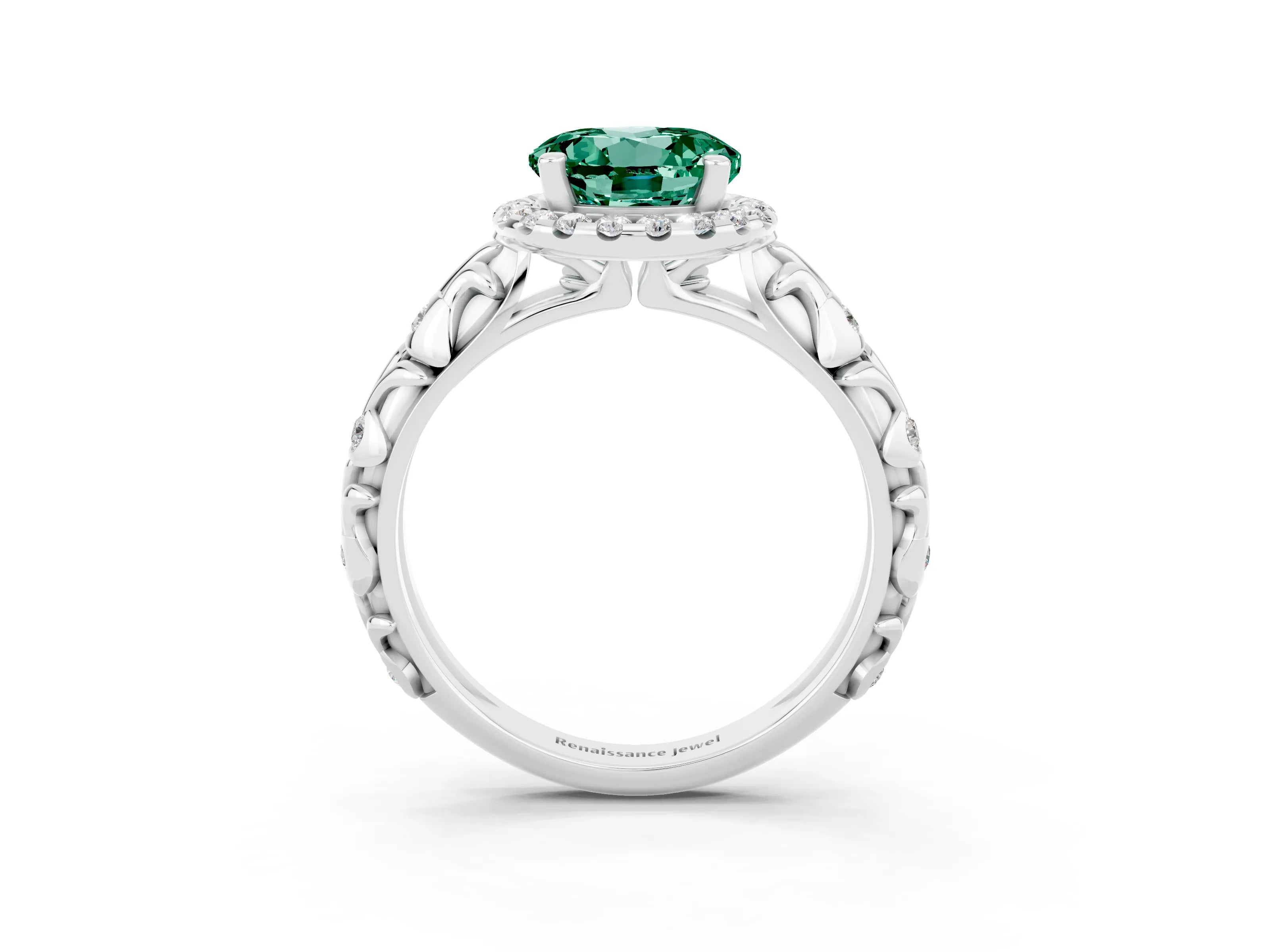White gold Round Cut Halo Diamond Solitaire with Filigree Band and Four-Prong Setting_3