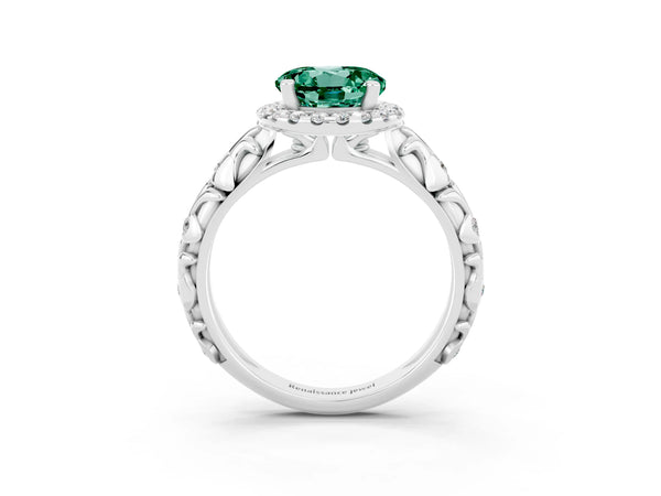 Silver Round Cut Green Sapphire Halo Ring with Filigree Band and Prong Setting