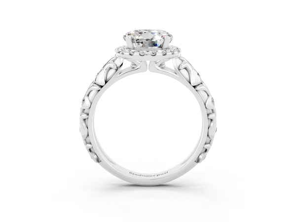 Silver Round Cut Moissanite Halo Ring with Filigree Band and Prong Setting