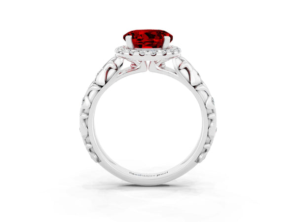 Platinum Round Cut Ruby Halo Ring with Filigree Band and Prong Setting
