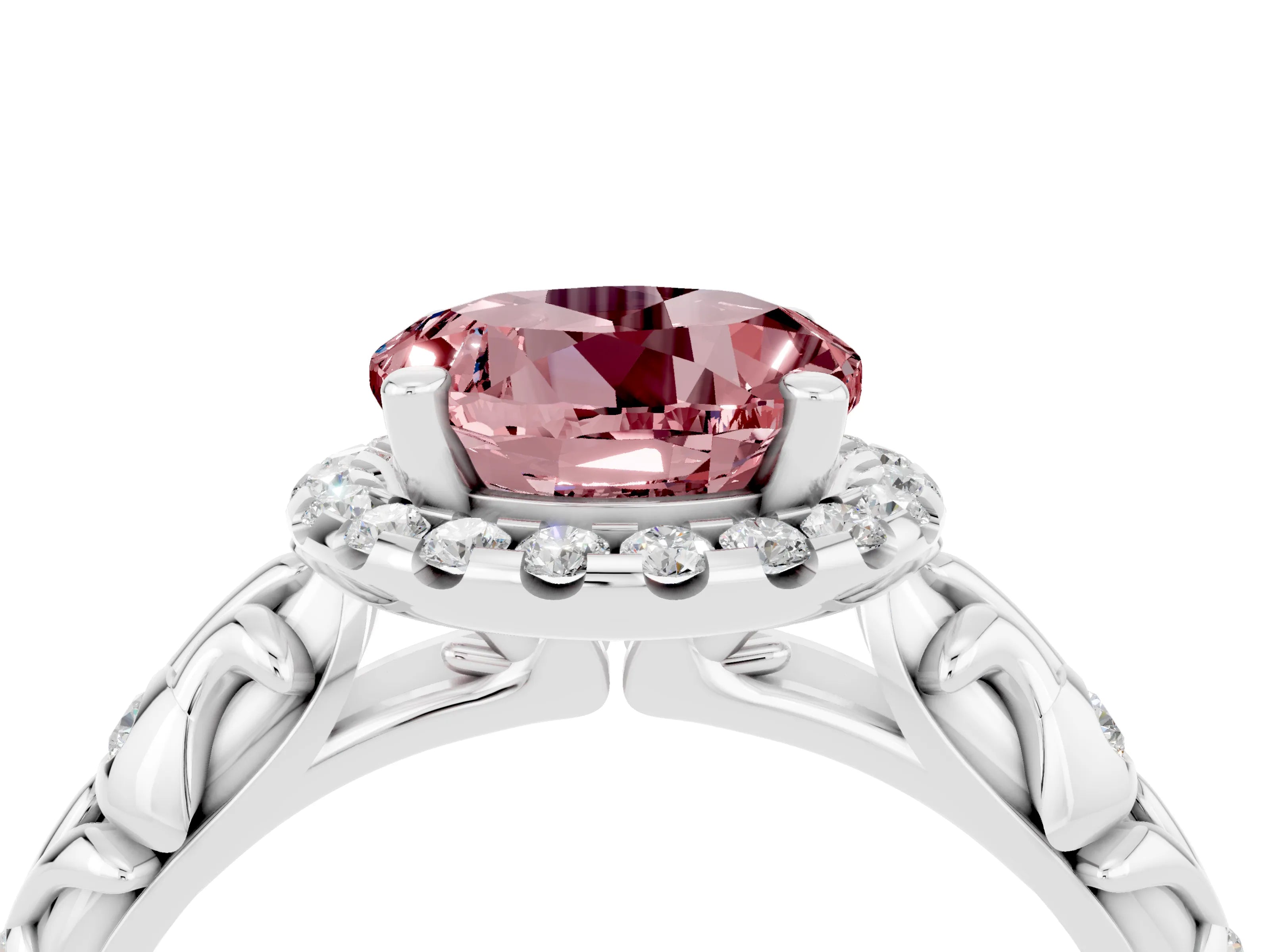 White gold Round Cut Halo Diamond Solitaire with Filigree Band and Four-Prong Setting_4