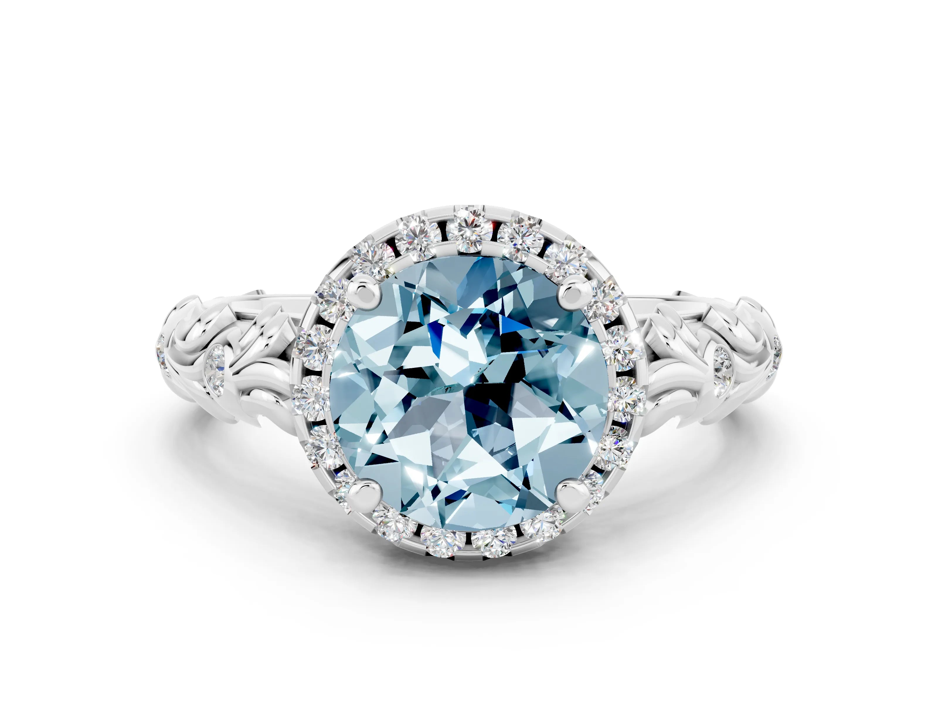 White gold Round Cut Halo Diamond Solitaire with Filigree Band and Four-Prong Setting