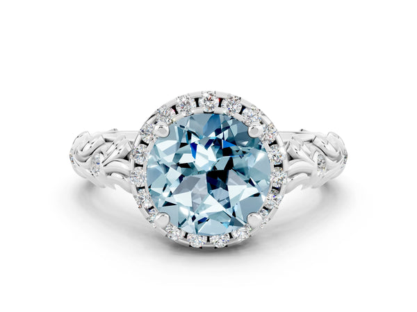 Silver Round Cut Aquamarine Halo Ring with Filigree Band and Prong Setting