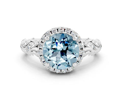 White gold Round Cut Halo Diamond Solitaire with Filigree Band and Four-Prong Setting