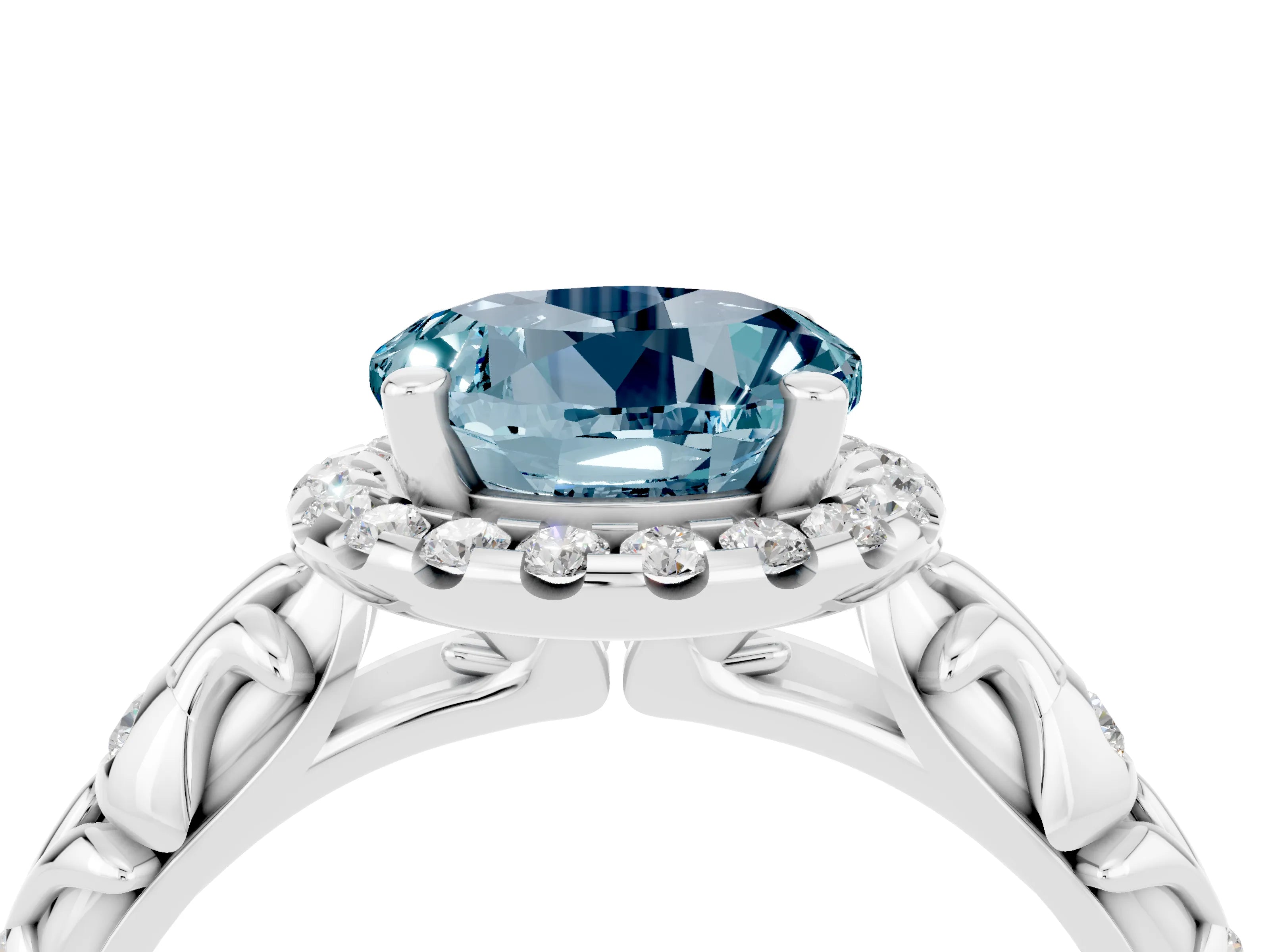White gold Round Cut Halo Diamond Solitaire with Filigree Band and Four-Prong Setting_4