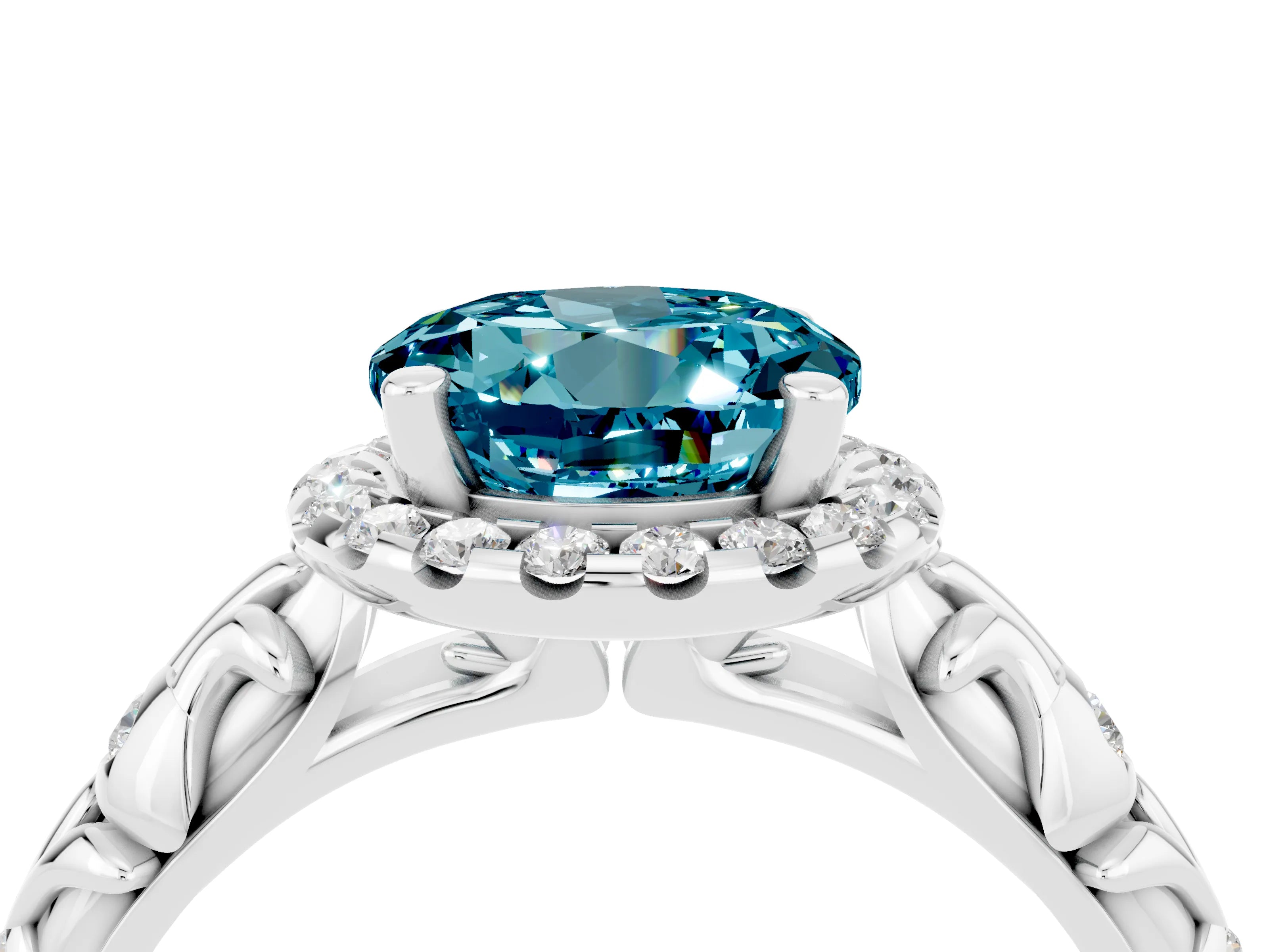 White gold Round Cut Halo Diamond Solitaire with Filigree Band and Four-Prong Setting_4