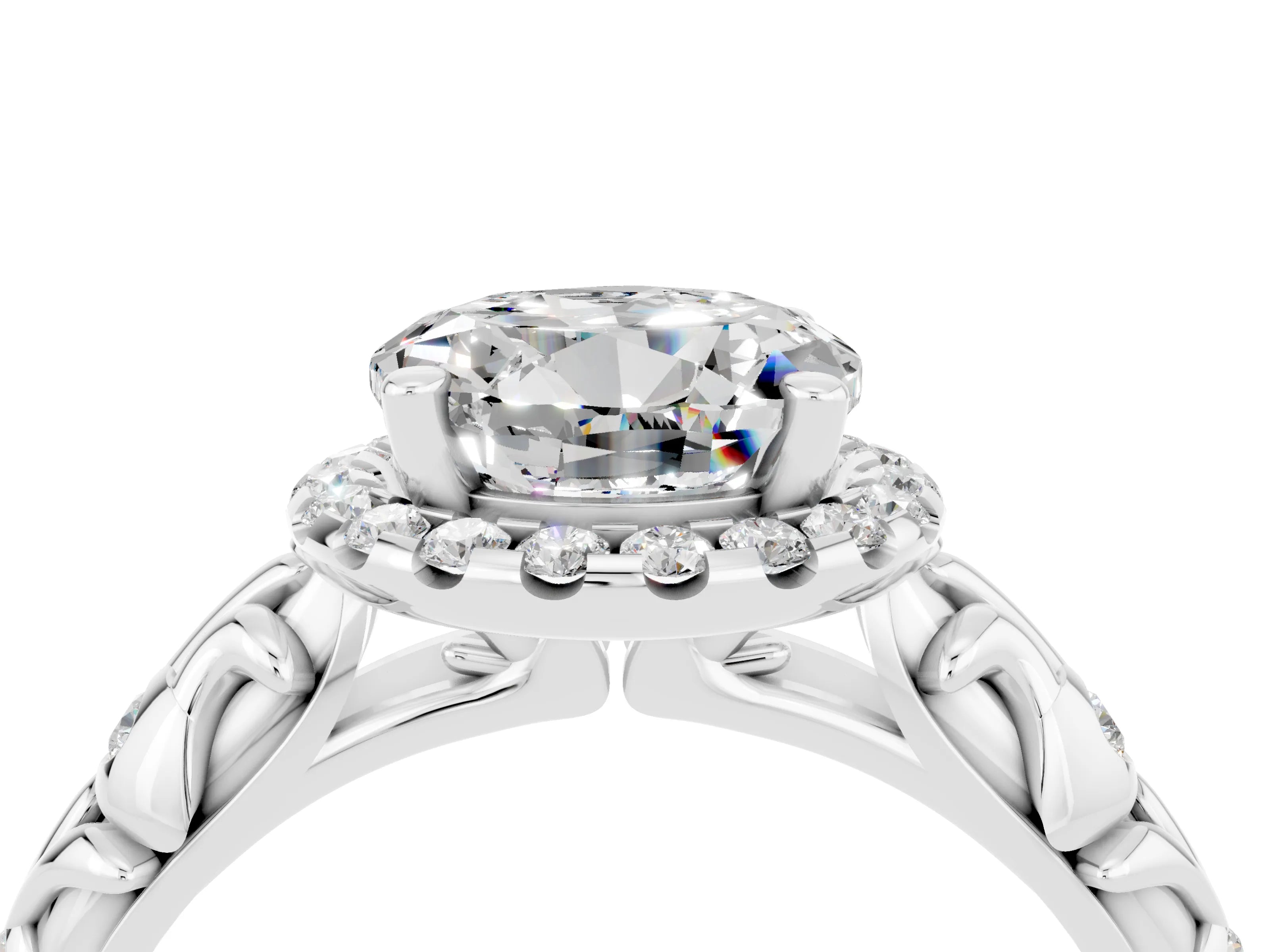 White gold Round Cut Halo Diamond Solitaire with Filigree Band and Four-Prong Setting_4
