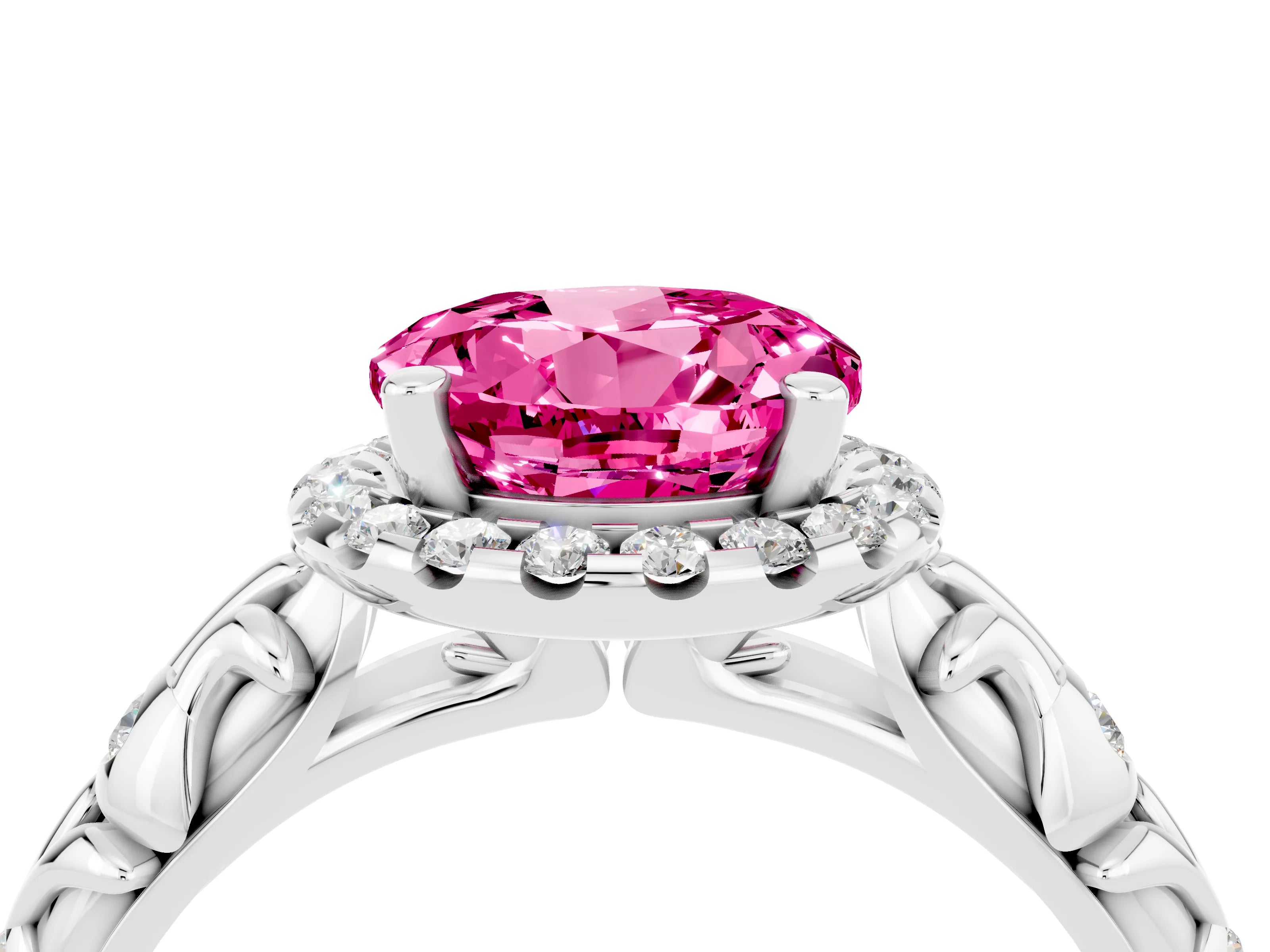 White gold Round Cut Halo Diamond Solitaire with Filigree Band and Four-Prong Setting_4