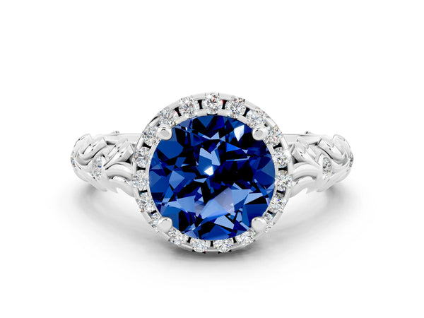 Platinum Round Cut Blue Sapphire Halo Ring with Filigree Band and Prong Setting