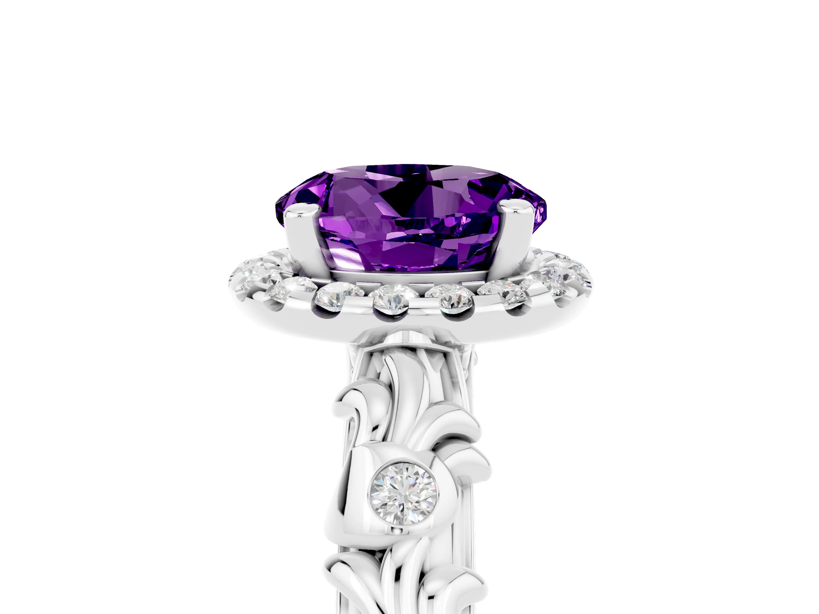 White gold Round Cut Halo Diamond Solitaire with Filigree Band and Four-Prong Setting_5