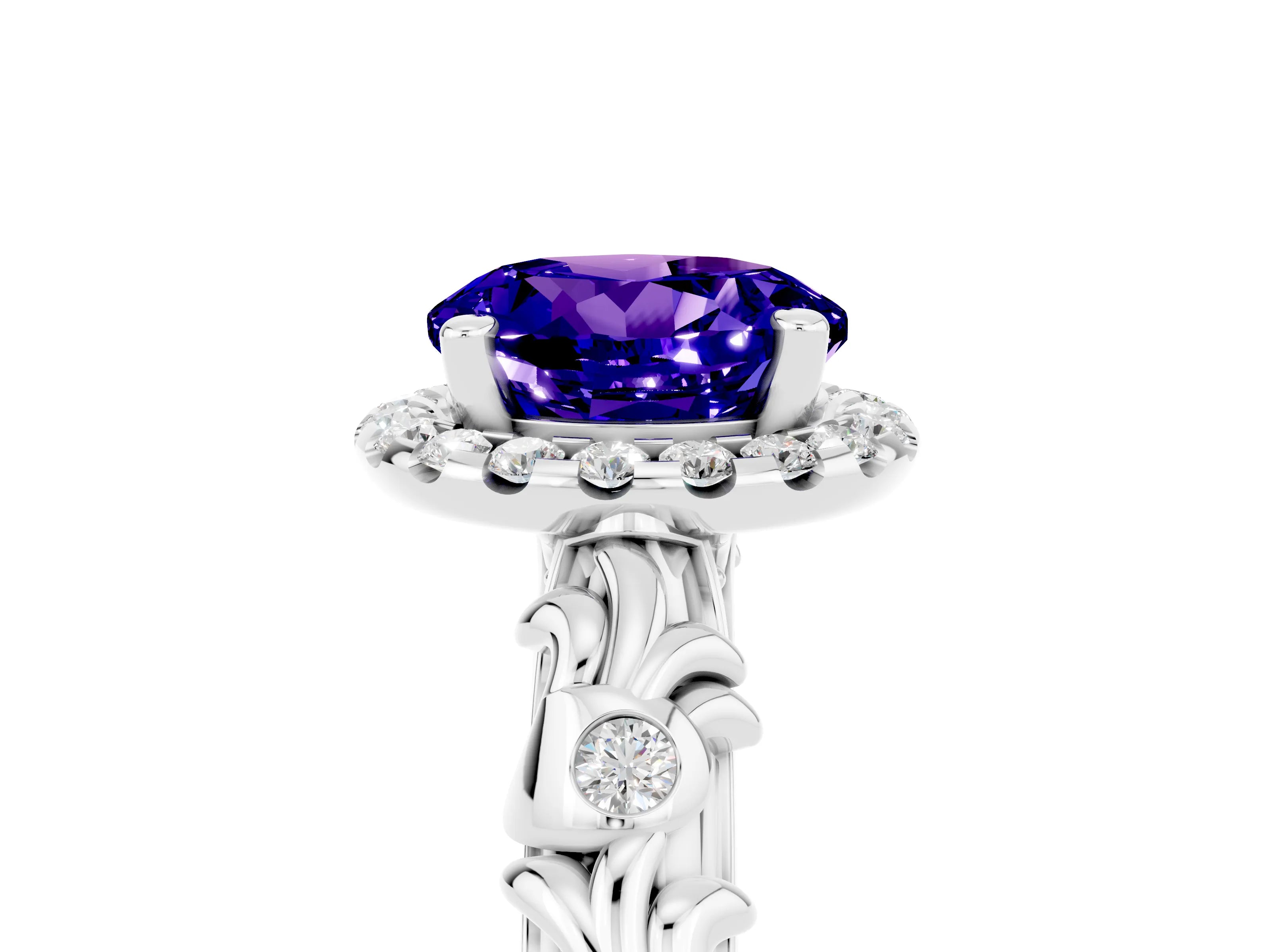 White gold Round Cut Halo Diamond Solitaire with Filigree Band and Four-Prong Setting_5