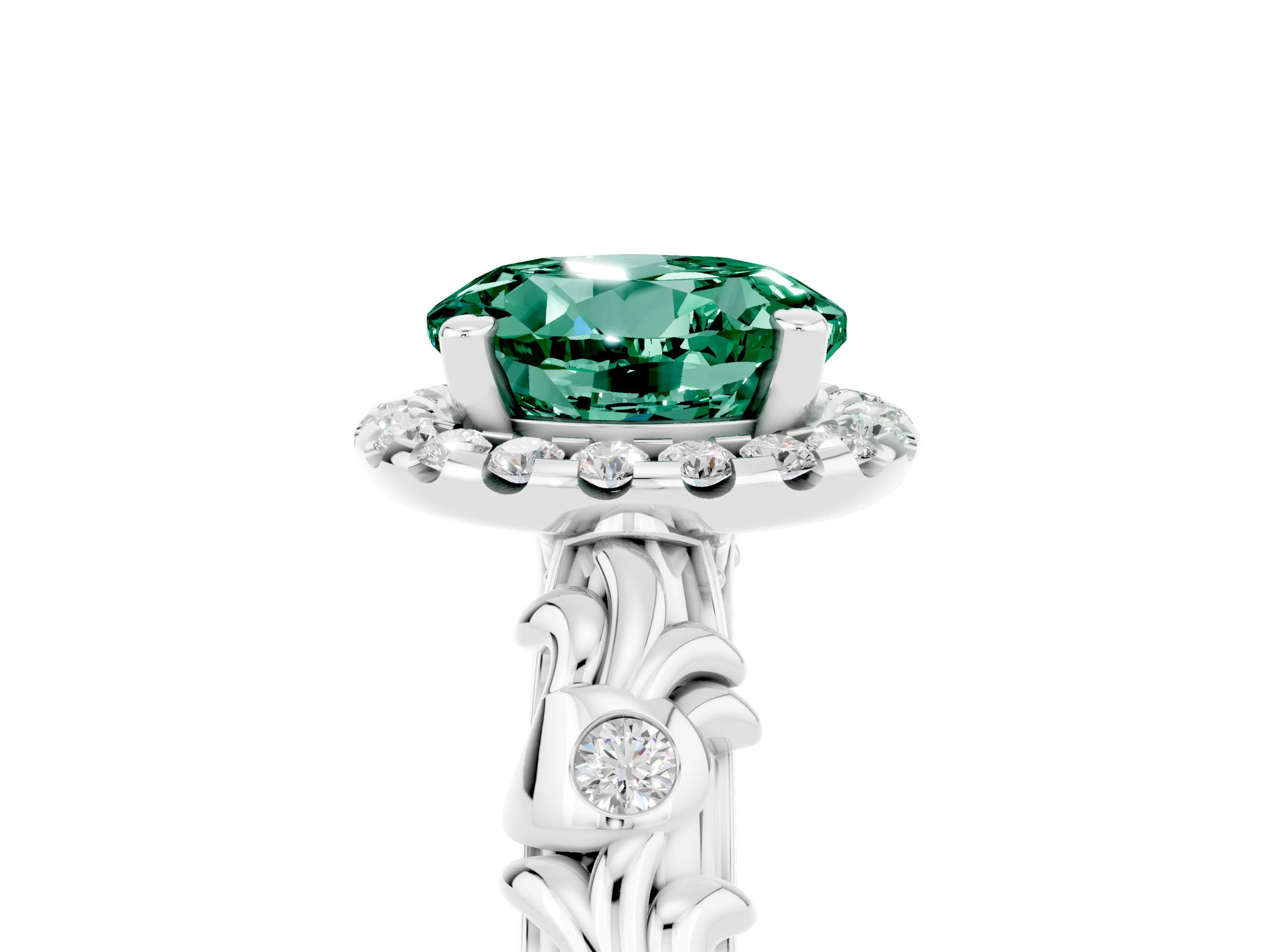 White gold Round Cut Halo Diamond Solitaire with Filigree Band and Four-Prong Setting_5