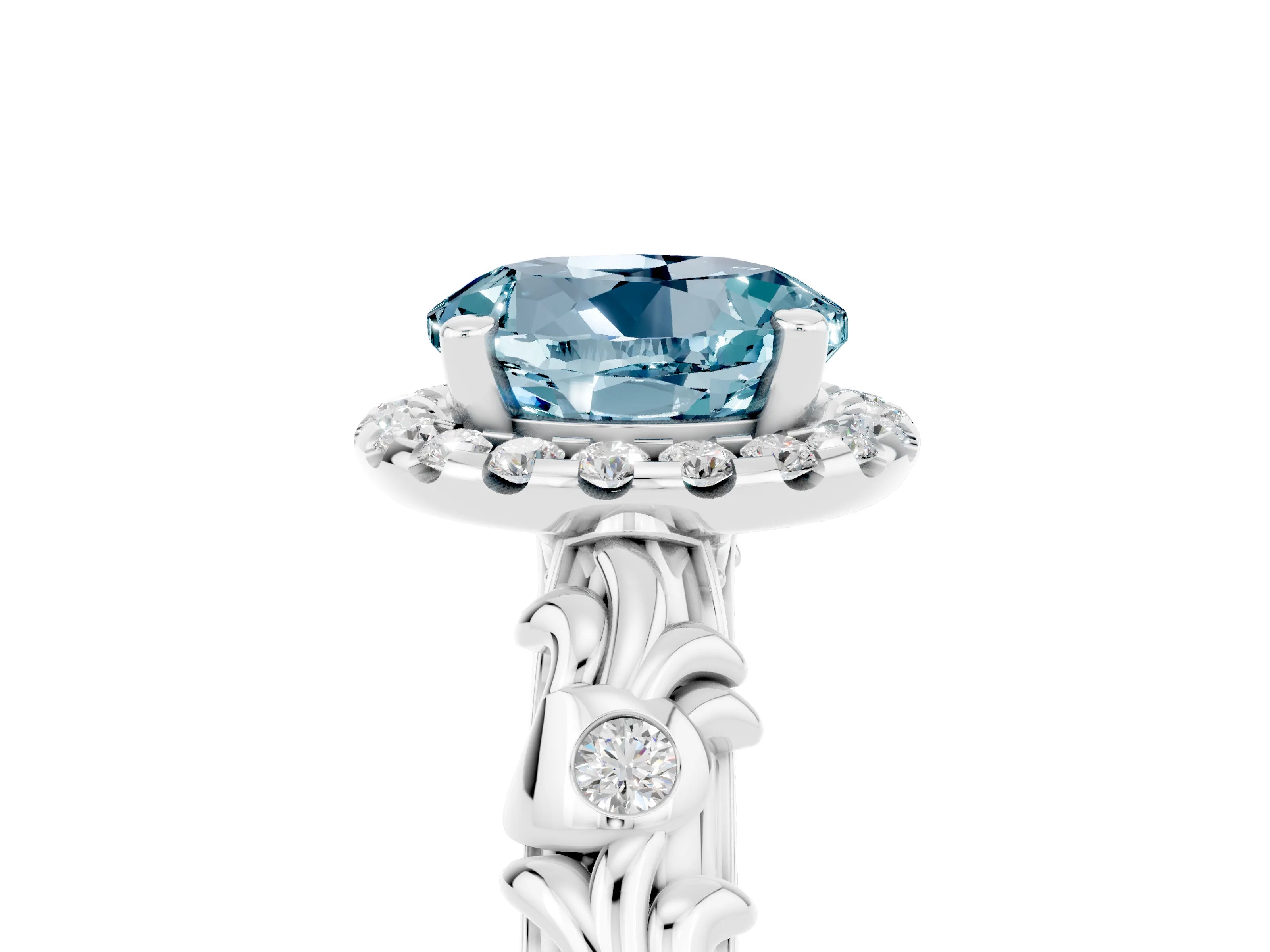 White gold Round Cut Halo Diamond Solitaire with Filigree Band and Four-Prong Setting_5