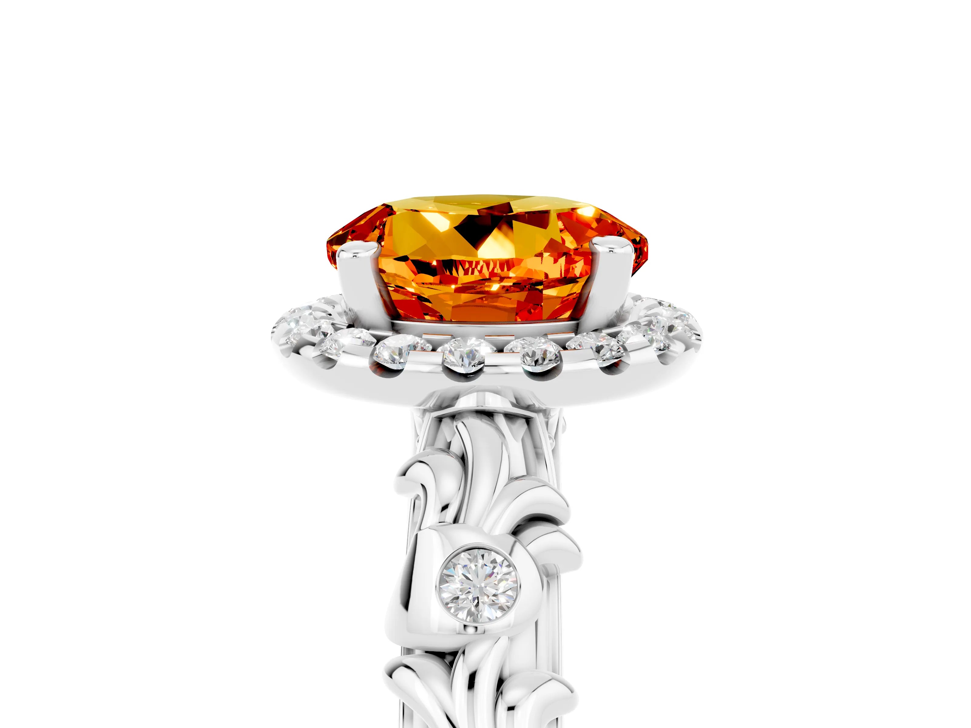 White gold Round Cut Halo Diamond Solitaire with Filigree Band and Four-Prong Setting_5