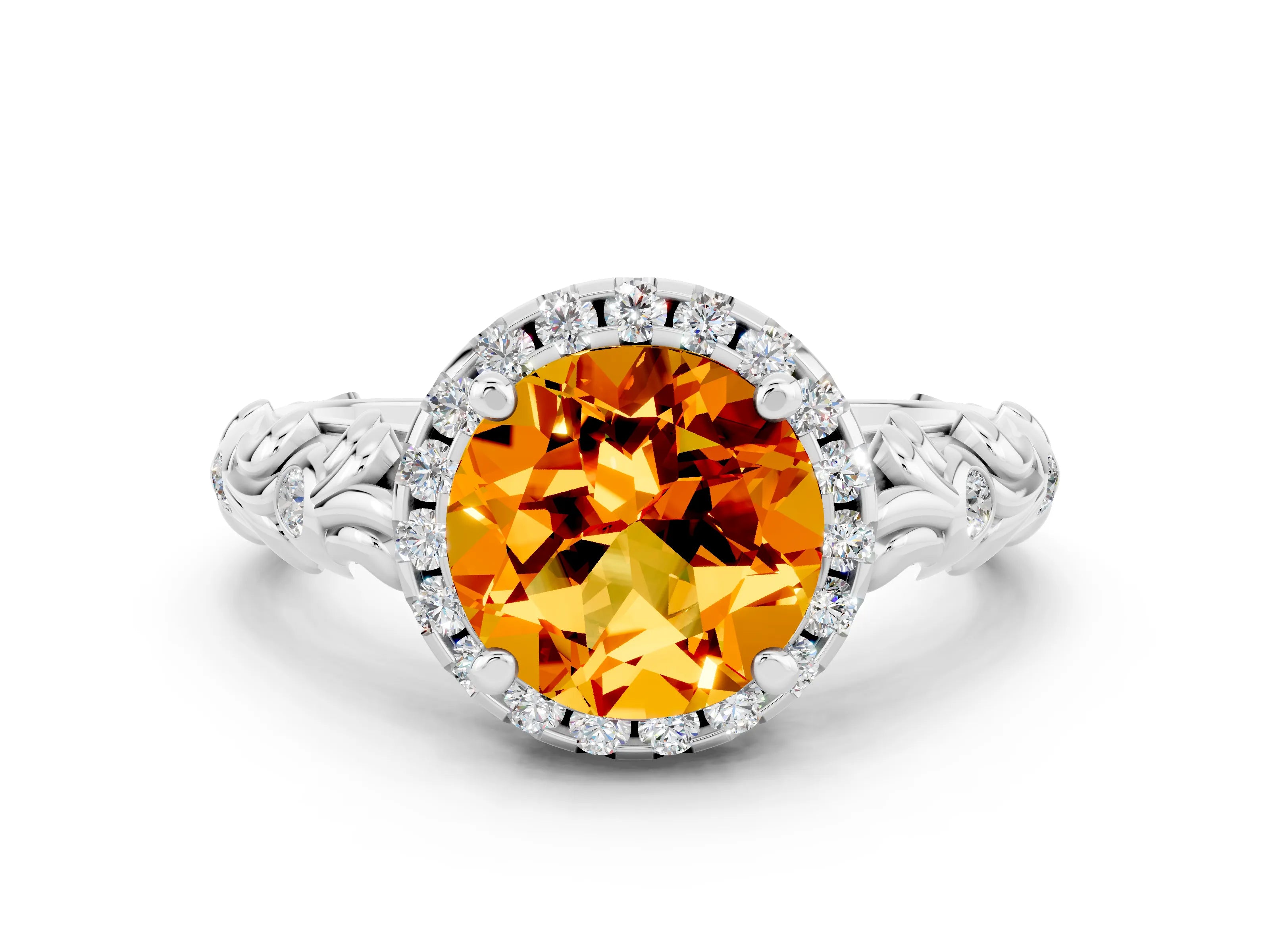 White gold Round Cut Halo Diamond Solitaire with Filigree Band and Four-Prong Setting
