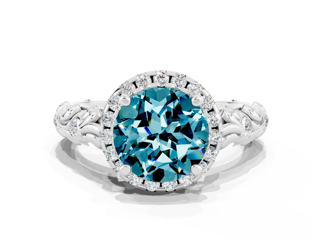 White gold Round Cut Halo Diamond Solitaire with Filigree Band and Four-Prong Setting