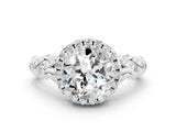 White gold Round Cut Halo Diamond Solitaire with Filigree Band and Four-Prong Setting