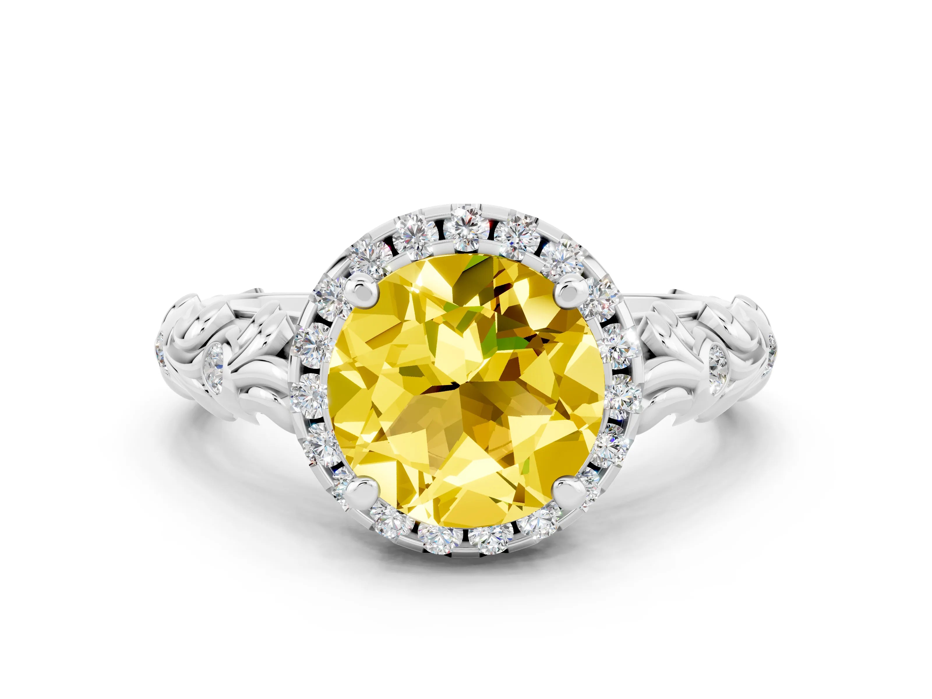 White gold Round Cut Halo Diamond Solitaire with Filigree Band and Four-Prong Setting