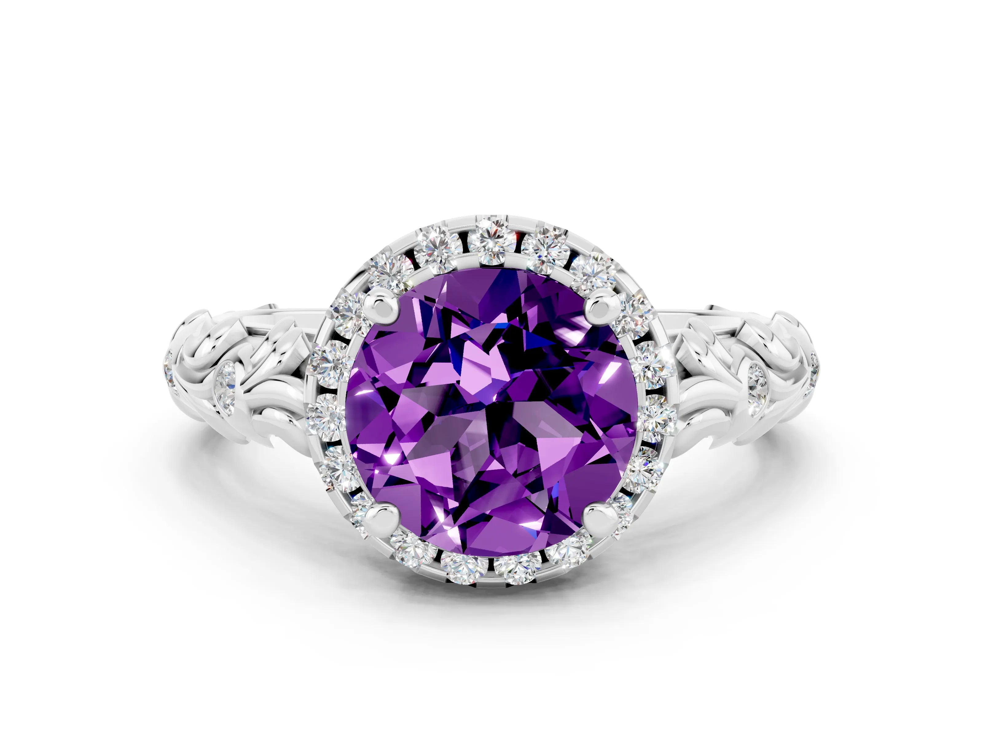White gold Round Cut Halo Diamond Solitaire with Filigree Band and Four-Prong Setting