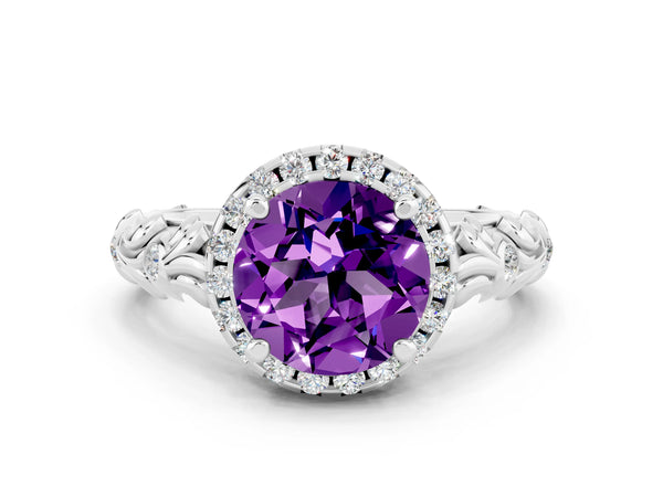 Silver Round Cut Amethyst Halo Ring with Filigree Band and Prong Setting