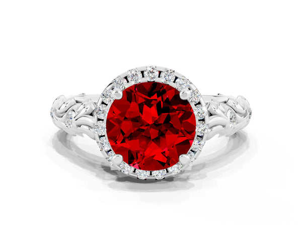 Platinum Round Cut Ruby Halo Ring with Filigree Band and Prong Setting