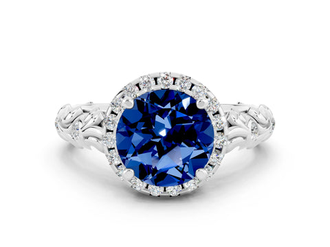 White gold Round Cut Halo Diamond Solitaire with Filigree Band and Four-Prong Setting