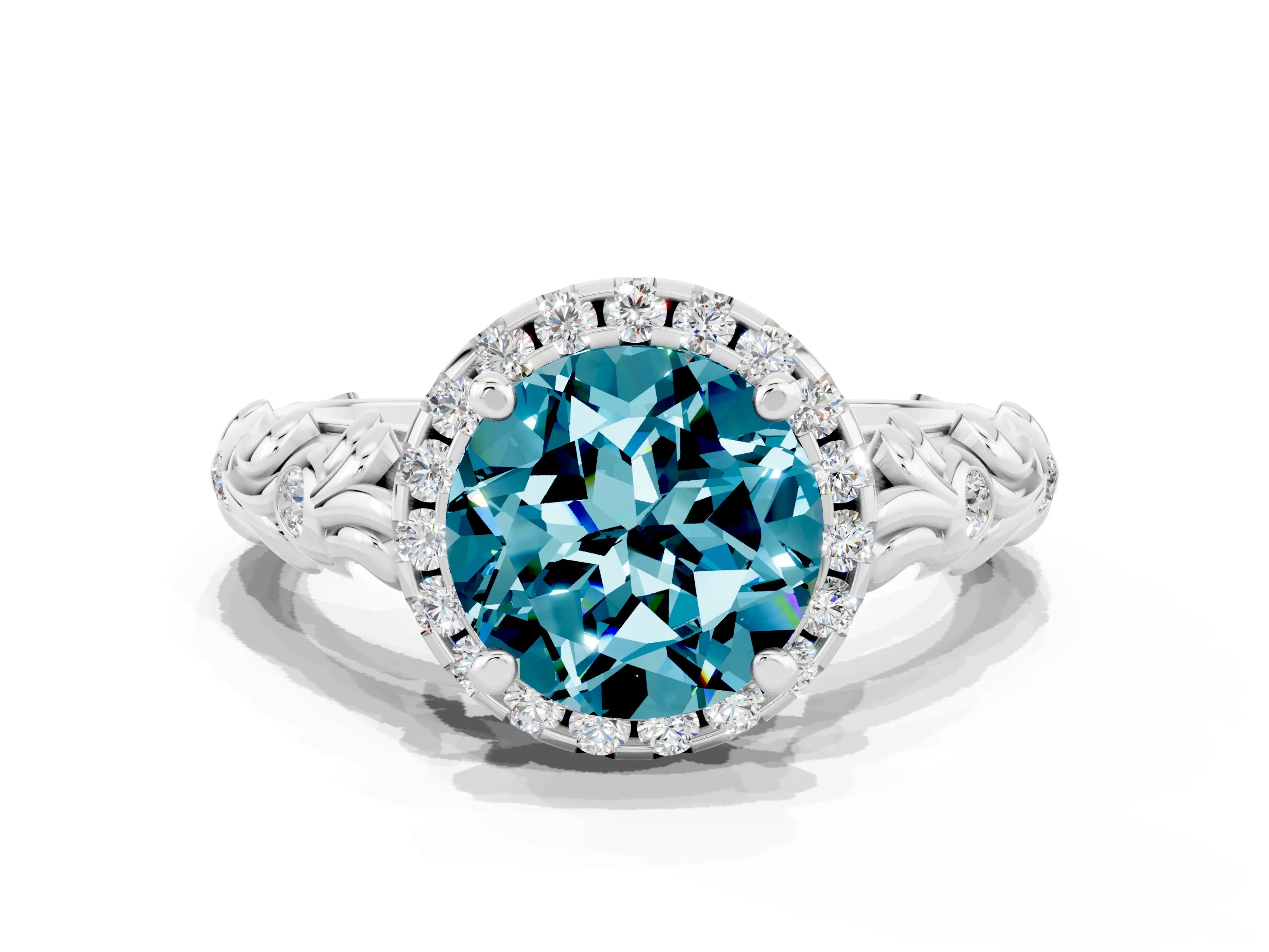 White gold Round Cut Halo Diamond Solitaire with Filigree Band and Four-Prong Setting