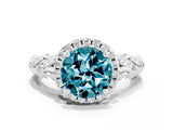 White gold Round Cut Halo Diamond Solitaire with Filigree Band and Four-Prong Setting