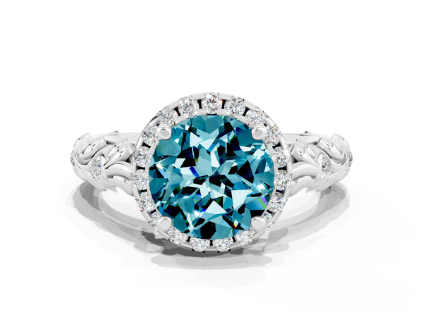 Platinum Round Cut Halo Diamond Solitaire with Filigree Band and Four-Prong Setting
