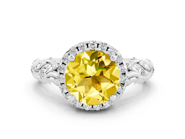 Silver Round Cut Yellow Sapphire Halo Ring with Filigree Band and Prong Setting