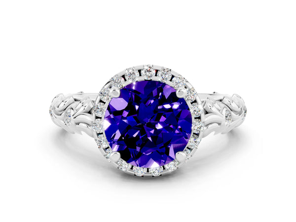 Platinum Round Cut Tanzanite Halo Ring with Filigree Band and Prong Setting