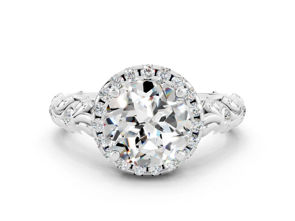 White gold Round Cut Moissanite Halo Ring with Filigree Band and Prong Setting
