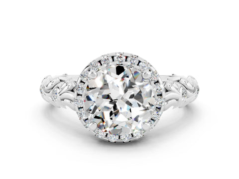 White gold Round Cut Halo Diamond Solitaire with Filigree Band and Four-Prong Setting