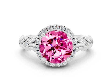 White gold Round Cut Halo Diamond Solitaire with Filigree Band and Four-Prong Setting
