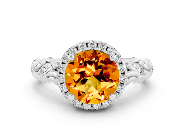 Platinum Round Cut Citrine Halo Ring with Filigree Band and Prong Setting