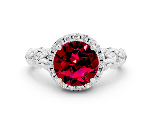 Platinum Round Cut Garnet Halo Ring with Filigree Band and Prong Setting