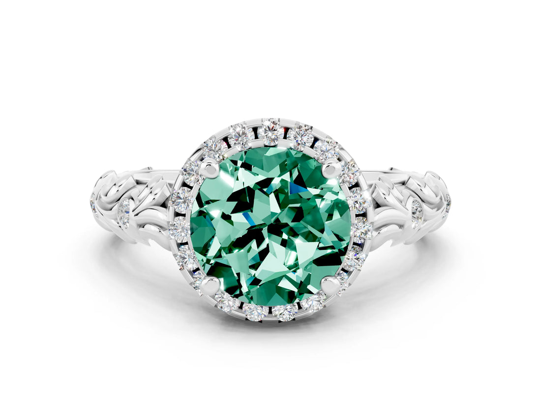 White gold Round Cut Halo Diamond Solitaire with Filigree Band and Four-Prong Setting